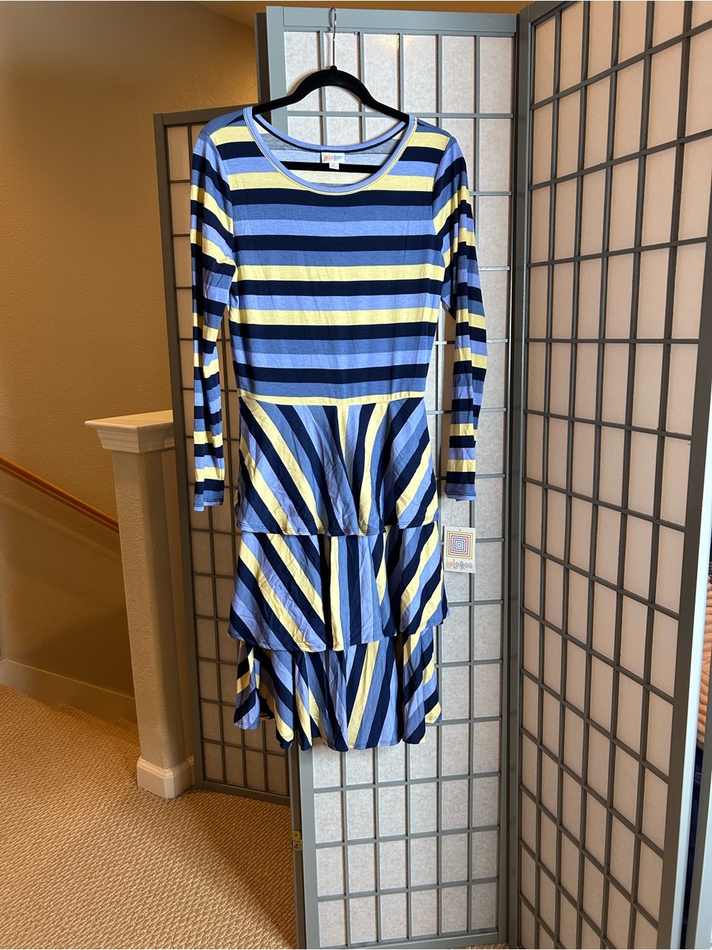 NWT LuLaRoe Georgia Striped Blue and Yellow Tiered Long-Sleeve Dress